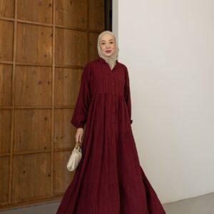 Pilise Detaylı Bordo Maxi Elbise