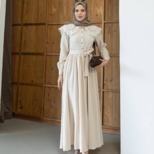 Kuşaklı Maxi Elbise Krem